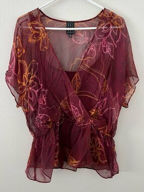 Due Per Due 100% Silk Chiffon Faux Wrap Blouse Top Women’s 16 Red Floral Layered